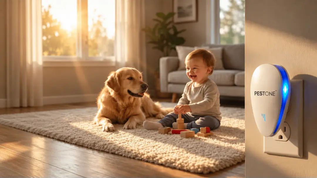 A child and a dog in a living room with a PESTONE™ unit plugged into the wall